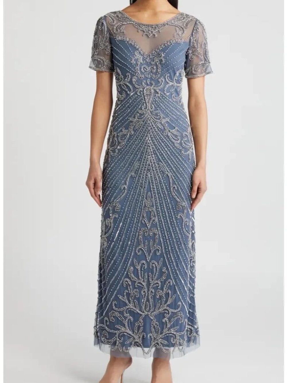 Pisarro Nights Slate Blue Grey Illusion Beaded Mesh Column Gown